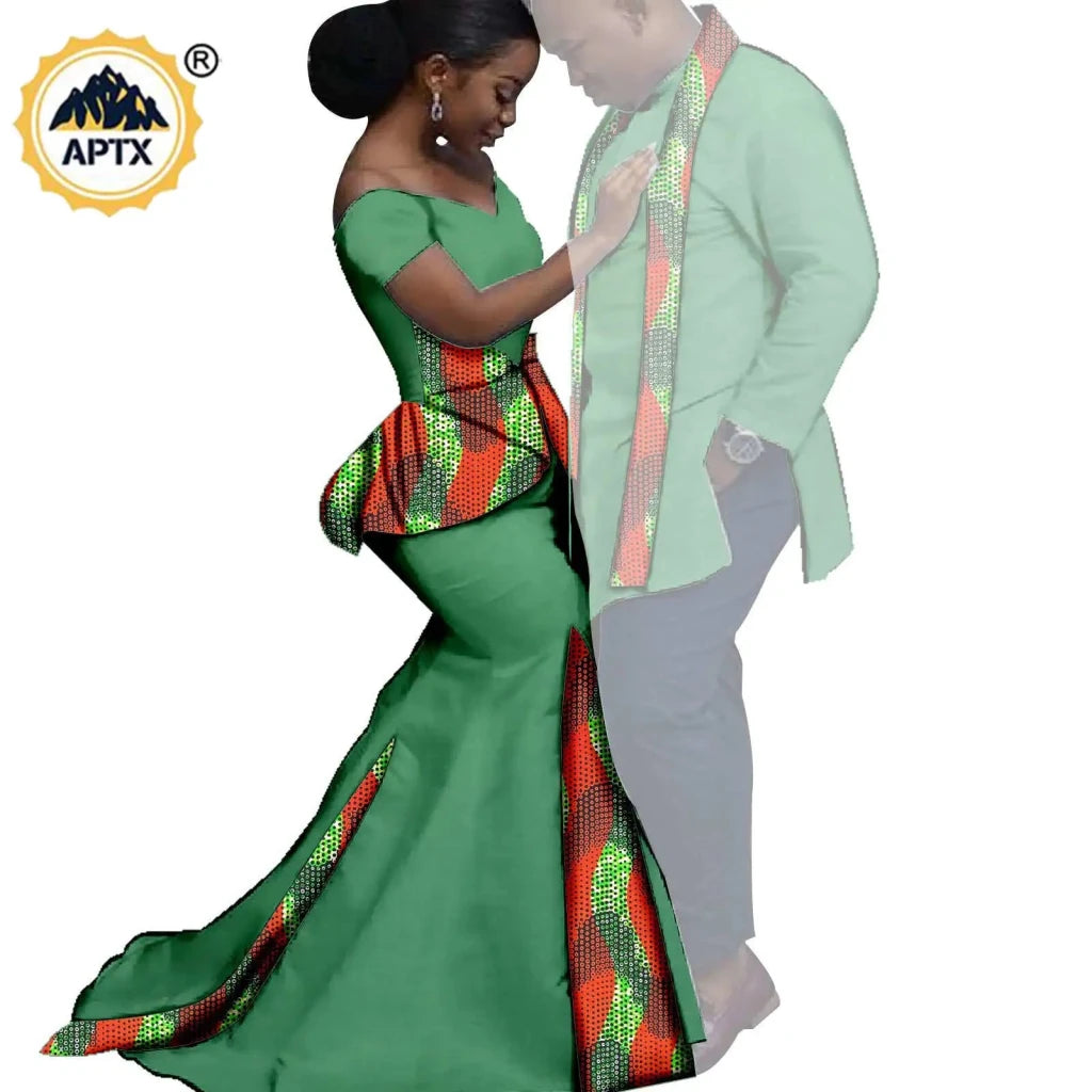 African Couples Matching Outfits – Bazin Riche Mermaid Dress - Free Delivery Worldwide only at Flexi Africa