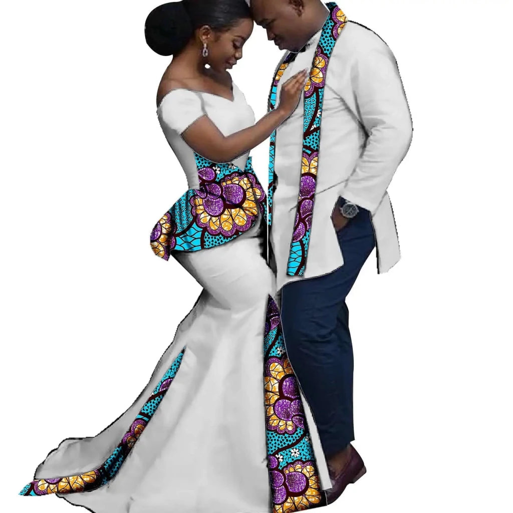 African Couples Matching Outfits – Bazin Riche Mermaid Dress - Free Delivery Worldwide only at Flexi Africa