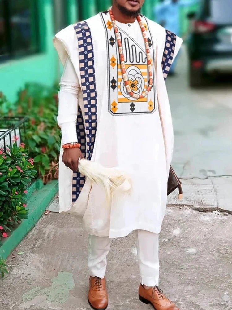 African Dashiki Agbada Set for Men – 3 Piece Traditional Ankara Outfit Shirt, Pants & Robe - Free Delivery Worldwide only at Flexi Africa