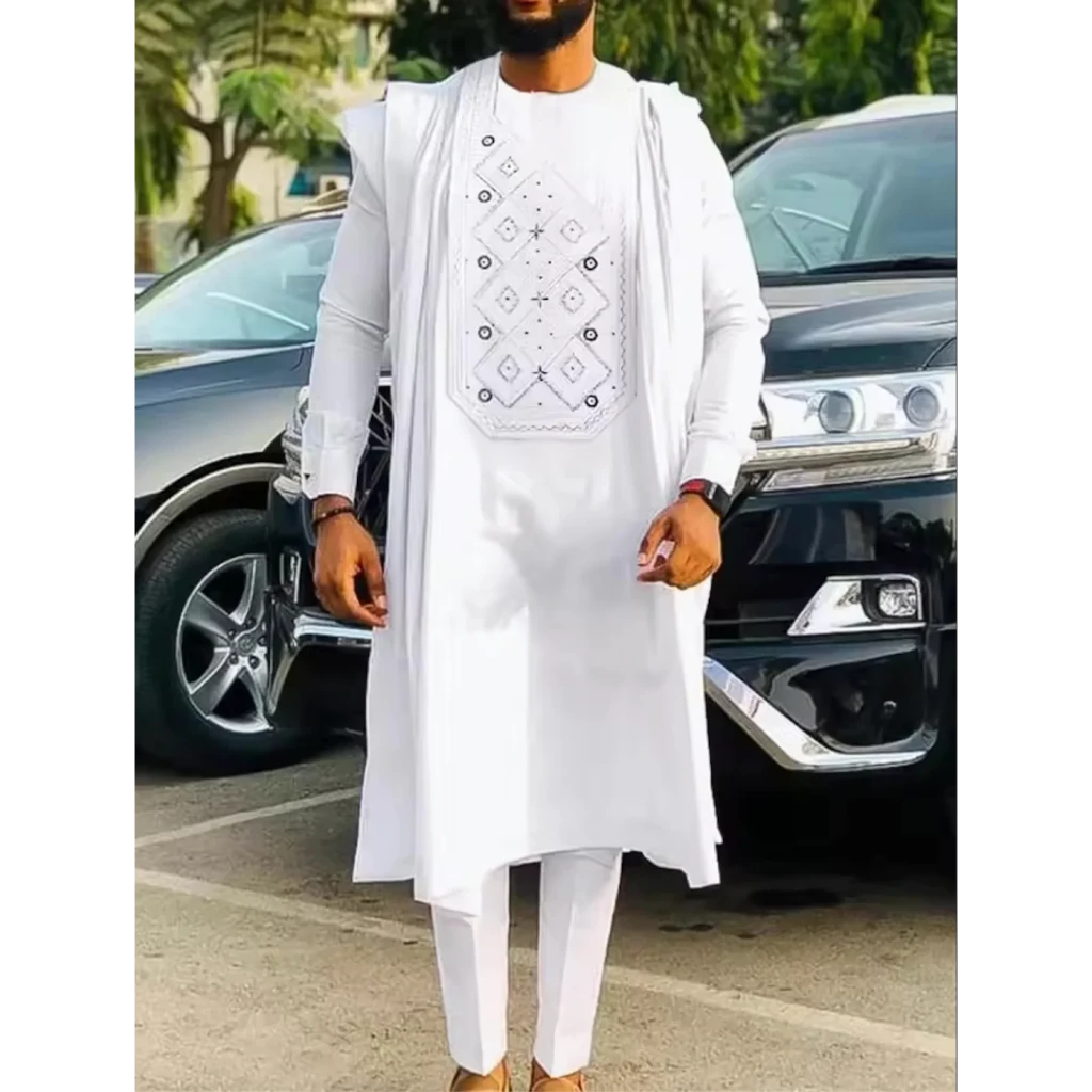 African Dashiki Agbada Set for Men – 3 Piece Traditional Ankara Outfit Shirt, Pants & Robe - Free Delivery Worldwide only at Flexi Africa