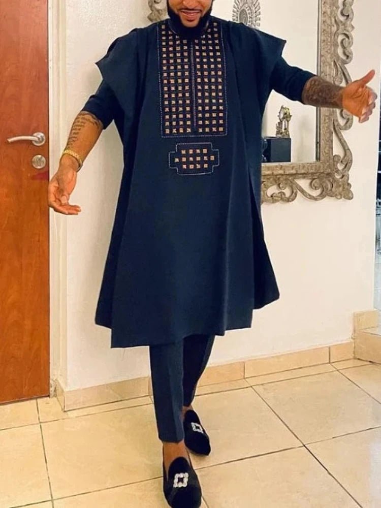 African Dashiki Agbada Set for Men – 3 Piece Traditional Ankara Outfit Shirt, Pants & Robe - Free Delivery Worldwide only at Flexi Africa