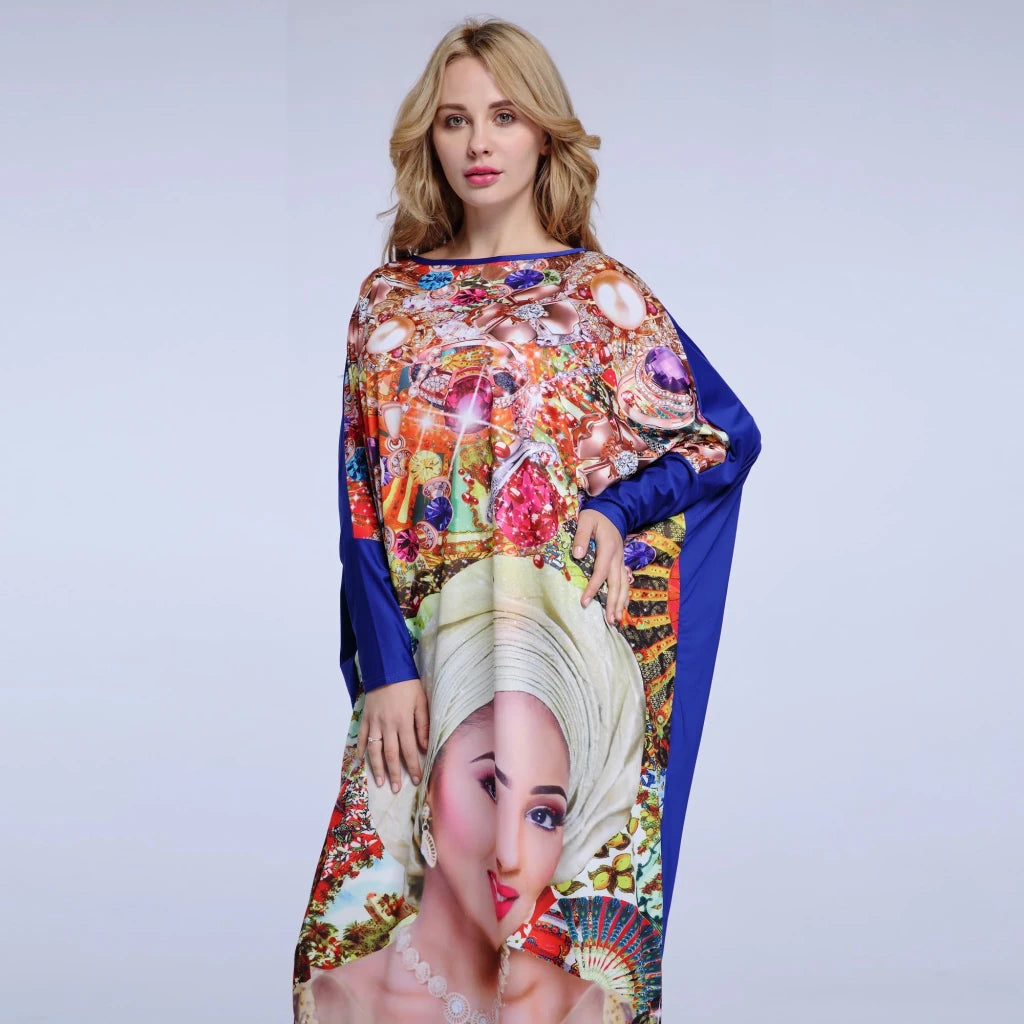 African Dashiki Maxi Dress – Bazin Elastic Diamond Print Loose Fit Women’s Dress - Free Delivery Worldwide only at Flexi Africa