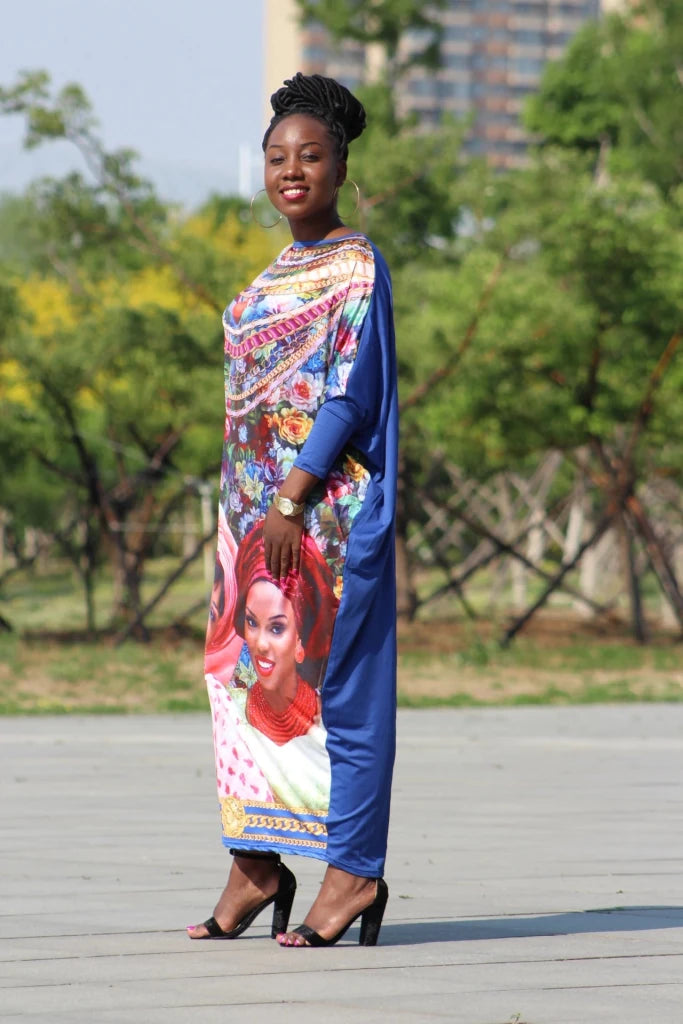 African Dashiki Maxi Dress – Bazin Elastic Diamond Print Loose Fit Women’s Dress - Free Delivery Worldwide only at Flexi Africa