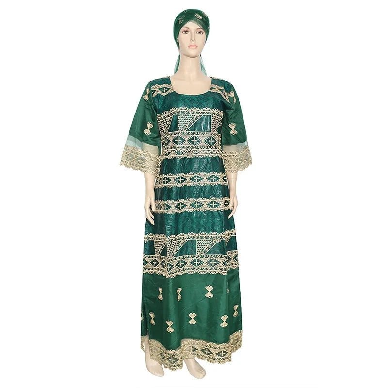 African Dashiki Maxi Dress: Bazin Embroidery, Beading, and Lace Robe for Wedding Party Elegance - Free Delivery Worldwide