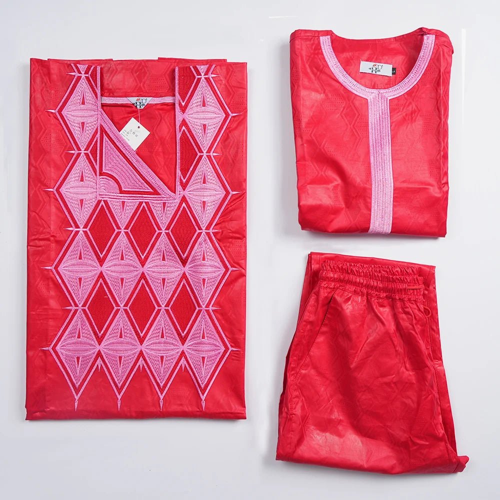 African Dashiki Suit – Traditional Embroidered Red Top and Pants Sets - Free Delivery Worldwide only at Flexi Africa