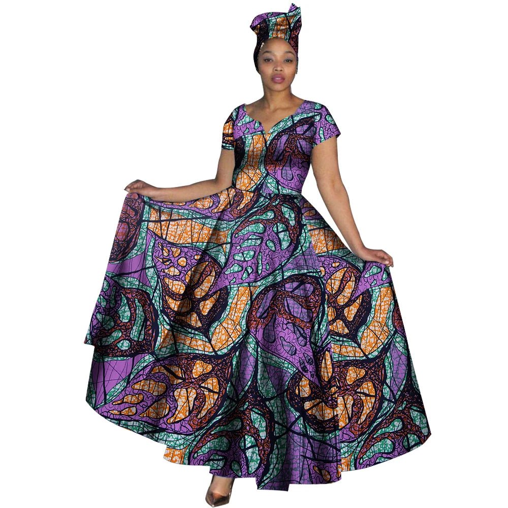 African Dashiki Women’s Maxi Dress – Ankara Print V - Neck Long Dress with Head Scarf - Free Delivery Worldwide only at Flexi Africa