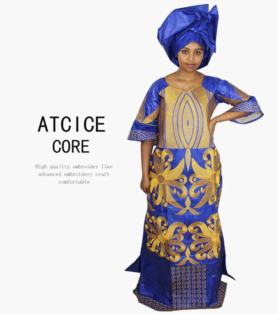 African Dress For Woman Bazin Riche Embroidery Design Floor Length Dress With Scarf - Free Delivery Worldwide only at Flexi Africa