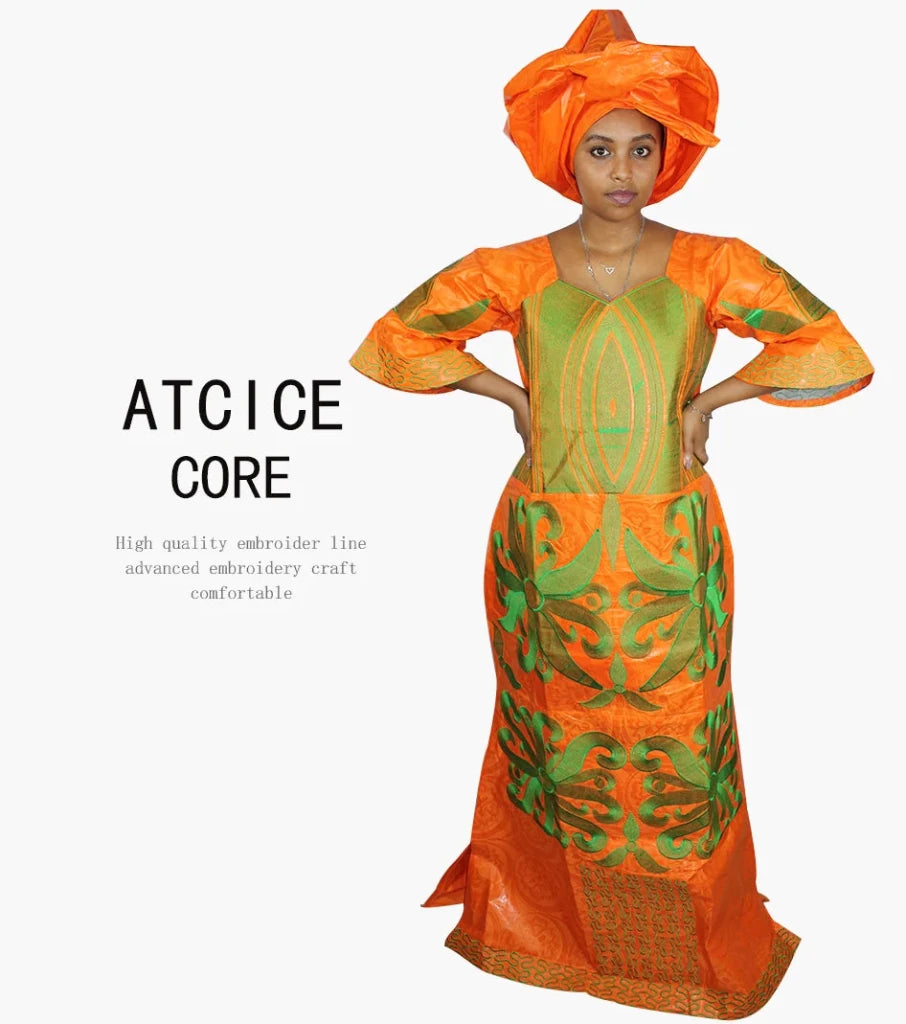 African Dress For Woman Bazin Riche Embroidery Design Floor Length Dress With Scarf - Free Delivery Worldwide only at Flexi Africa