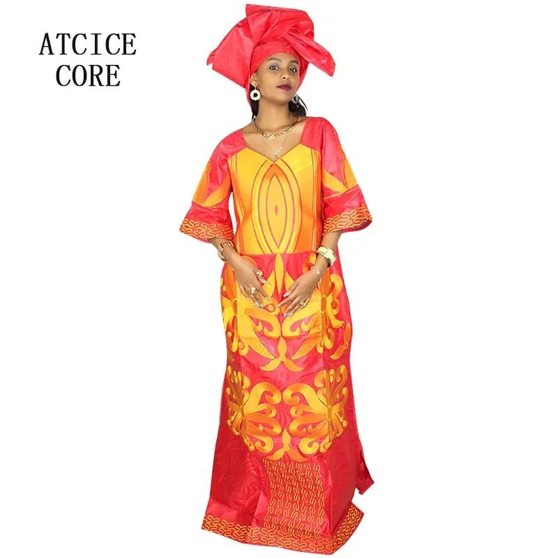 African Dress For Woman Bazin Riche Embroidery Design Floor Length Dress With Scarf - Free Delivery Worldwide only at Flexi Africa