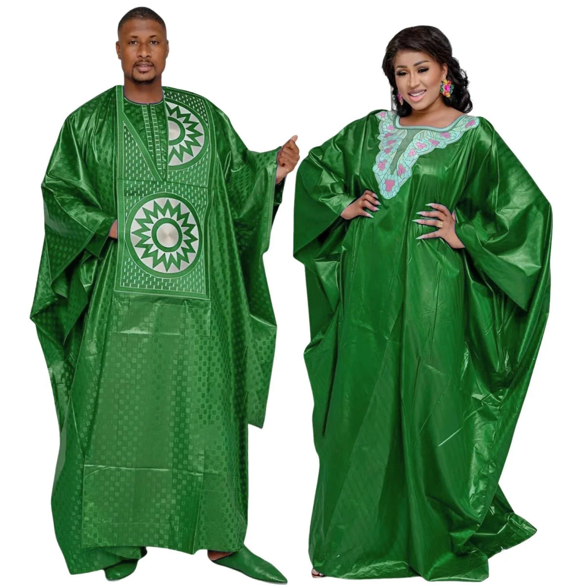 Traditional Bazin Embroidery Floor - Length Dresses with Scarf - Free Delivery Worldwide only at Flexi Africa