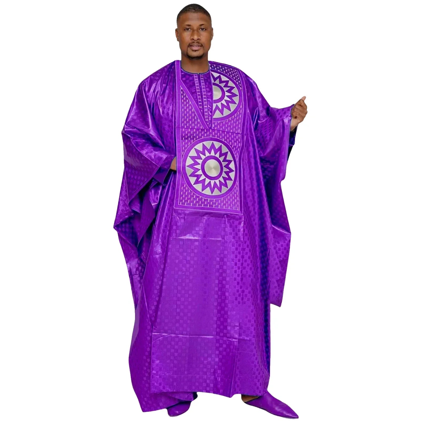 African Dresses For Couples Traditional Bazin Embroidery Dresses Floor Length Dress With Scarf Couple Design - Flexi Africa - Flexi Africa offers Free Delivery Worldwide - Vibrant African traditional clothing showcasing bold prints and intricate designs