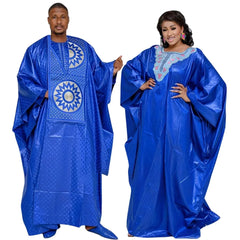 African Dresses For Couples Traditional Bazin Embroidery Dresses Floor Length Dress With Scarf Couple Design - Flexi Africa