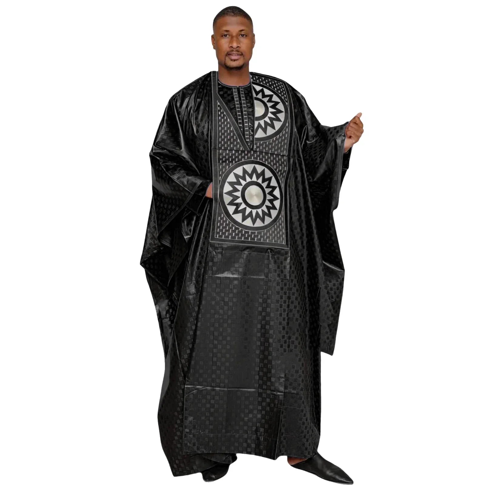 African Dresses For Couples Traditional Bazin Embroidery Dresses Floor Length Dress With Scarf Couple Design - Flexi Africa - Flexi Africa offers Free Delivery Worldwide - Vibrant African traditional clothing showcasing bold prints and intricate designs