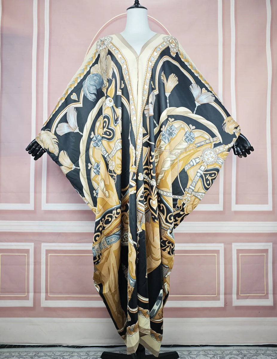 African Dresses For Women 2024 New Fashion Floral Summer Loose V - Neck Silk Printed Kaftan abaya Kuwait Muslim Lady Ramadan Robe - Free Delivery Worldwide only at Flexi Africa