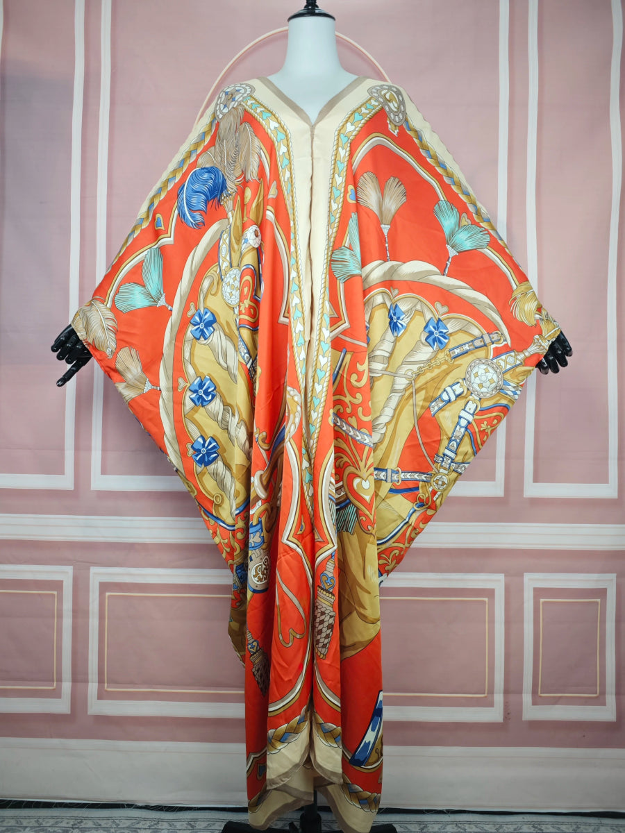 African Dresses For Women 2024 New Fashion Floral Summer Loose V - Neck Silk Printed Kaftan abaya Kuwait Muslim Lady Ramadan Robe - Free Delivery Worldwide only at Flexi Africa