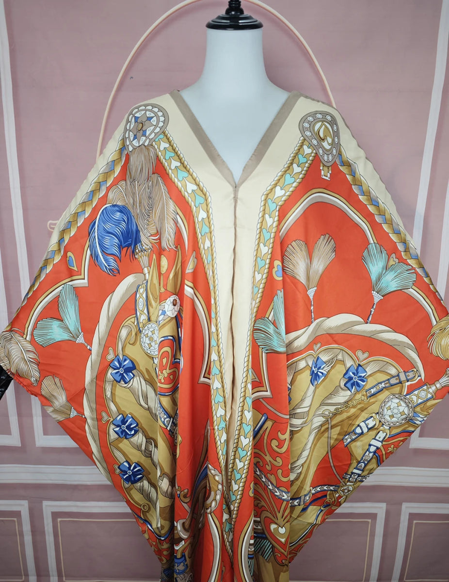 African Dresses For Women 2024 New Fashion Floral Summer Loose V - Neck Silk Printed Kaftan abaya Kuwait Muslim Lady Ramadan Robe - Free Delivery Worldwide only at Flexi Africa