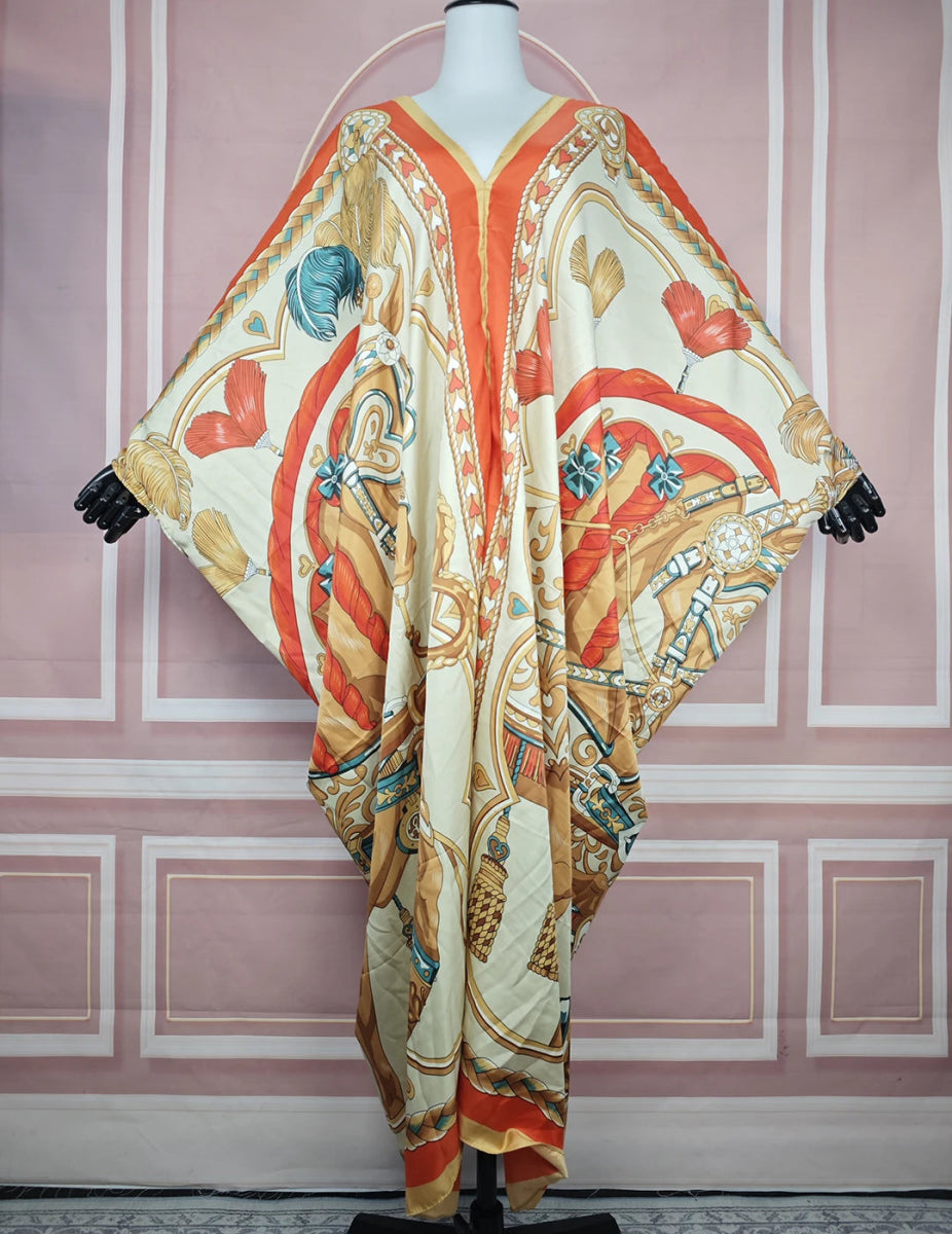 African Dresses For Women 2024 New Fashion Floral Summer Loose V - Neck Silk Printed Kaftan abaya Kuwait Muslim Lady Ramadan Robe - Free Delivery Worldwide only at Flexi Africa