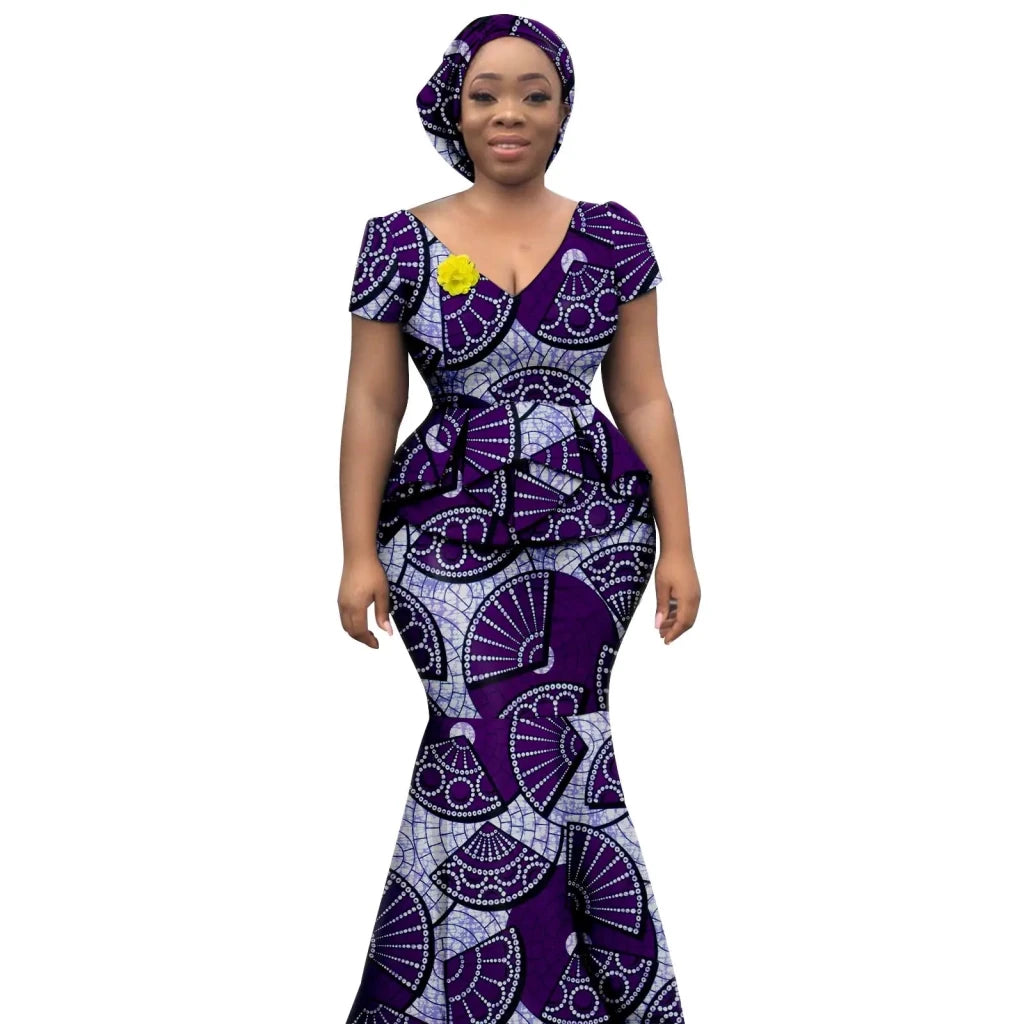 Elegant African Dress Women's Printed V-Neck Evening Dress Flexi Africa Elegant African Dress Women's Printed V-Neck Evening Dress Flexi Africa