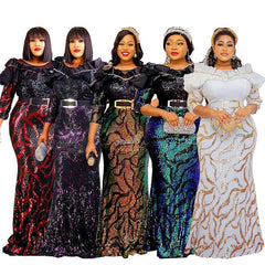 African Dresses for Women - Glittering Evening Dress with Sequins, Belt, and Luxury Appeal - Flexi Africa - Flexi Africa offers Free Delivery Worldwide - Vibrant African traditional clothing showcasing bold prints and intricate designs