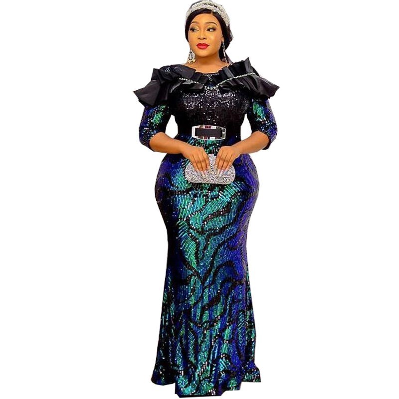 African Dresses for Women - Glittering Evening Dress with Sequins, Belt, and Luxury Appeal - Flexi Africa - Flexi Africa offers Free Delivery Worldwide - Vibrant African traditional clothing showcasing bold prints and intricate designs