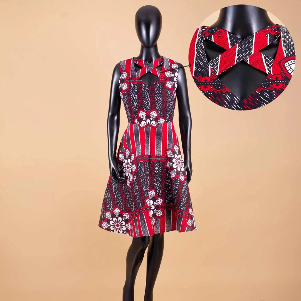 African Dresses for Women Match Print Bow Tie V - Neck Sleeve African Clothes Ankara Print Outfits Plus Size Bazin Riche S2025041 - Free Delivery Worldwide only at Flexi Africa