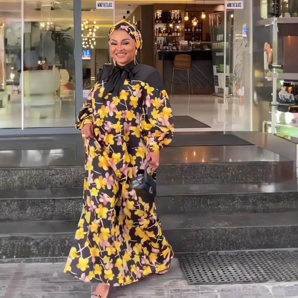 Elegant African Print Dress Set: Abaya Kaftan, Ankara Dashiki Boubou, Robe, Headband, and Headties for Women - Flexi Africa