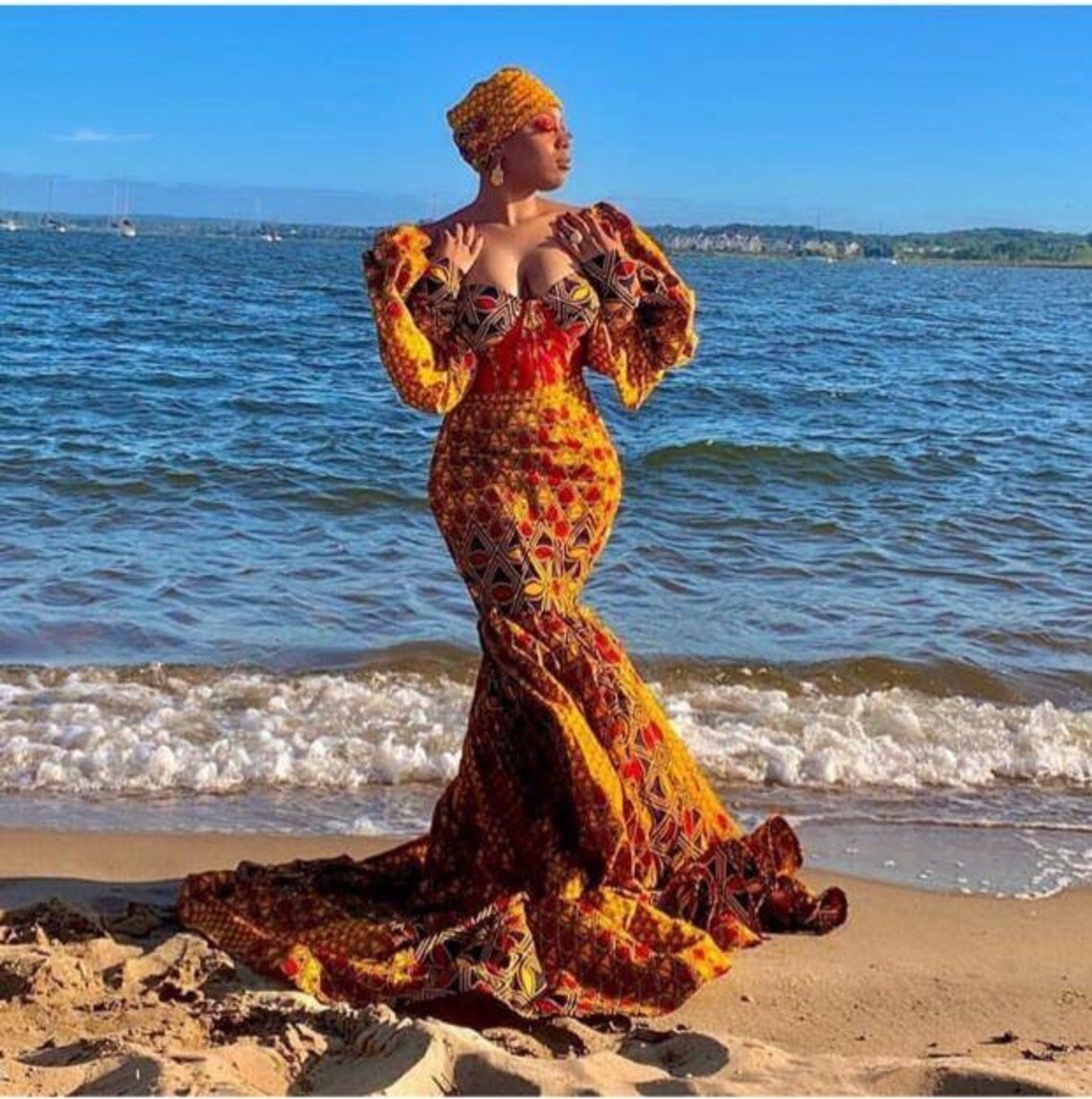 African Elegance: Embrace the Beauty of Ankara in a Stunning Mermaid Gown - Flexi Africa - Free Delivery Worldwide