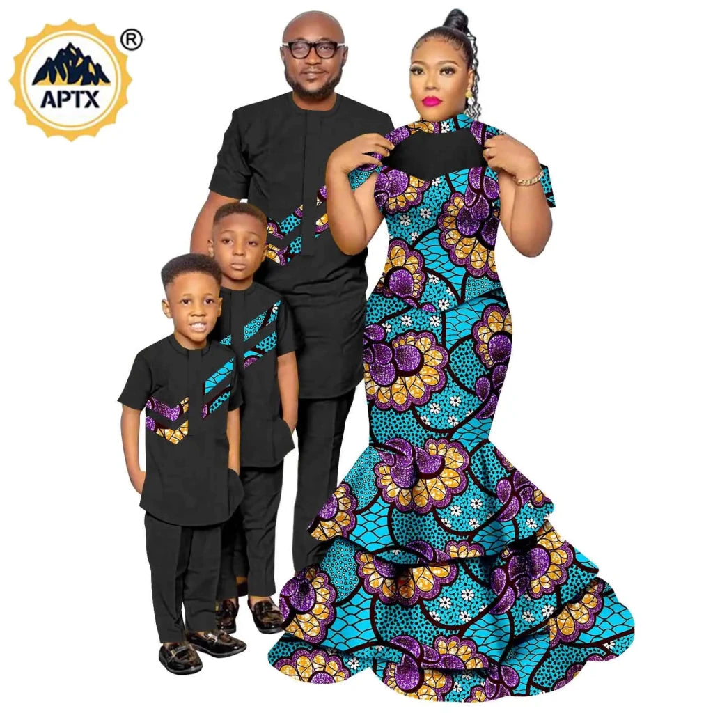 African Family Matching Outfits – Dashiki Women’s Long Mermaid Dress with Men & Boys Shirt and Pant Sets, - Free Delivery Worldwide only at Flexi Africa