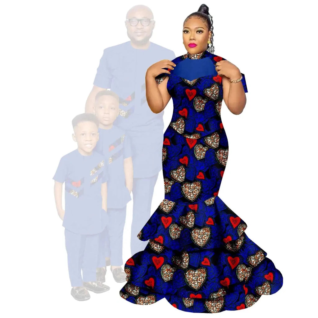 African Family Matching Outfits – Dashiki Women’s Long Mermaid Dress with Men & Boys Shirt and Pant Sets, - Free Delivery Worldwide only at Flexi Africa