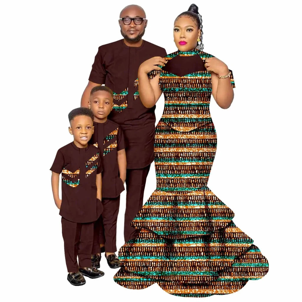 African Family Matching Outfits – Dashiki Women’s Long Mermaid Dress with Men & Boys Shirt and Pant Sets, - Free Delivery Worldwide only at Flexi Africa
