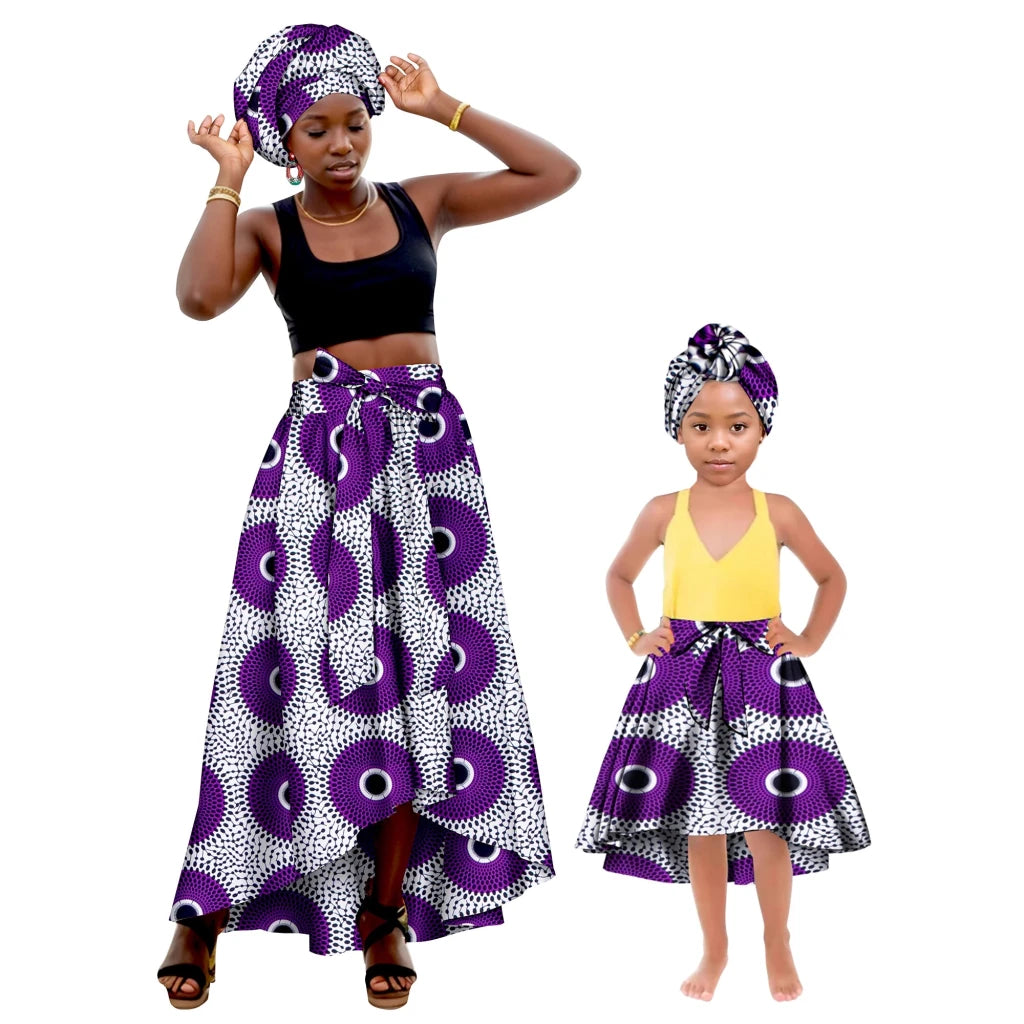 African Family Matching Outfits – Mother & Daughter Ankara Dress and Skirt Set with Headbands - Free Delivery Worldwide only at Flexi Africa