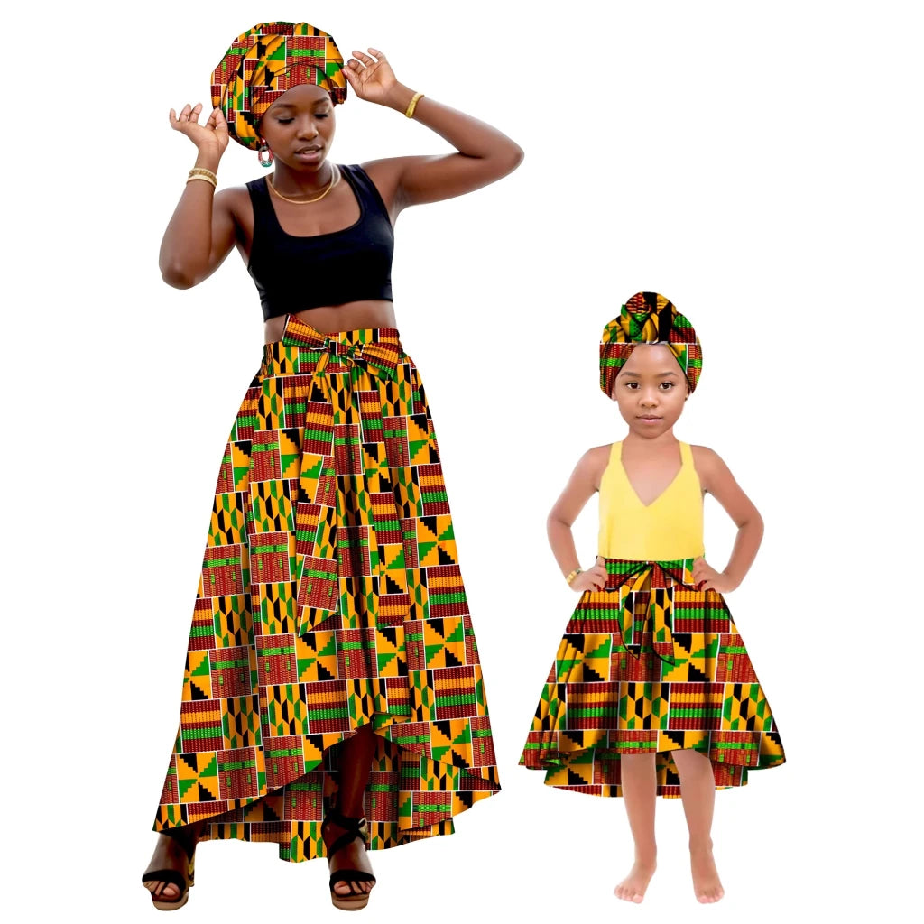 African Family Matching Outfits – Mother & Daughter Ankara Dress and Skirt Set with Headbands - Free Delivery Worldwide only at Flexi Africa