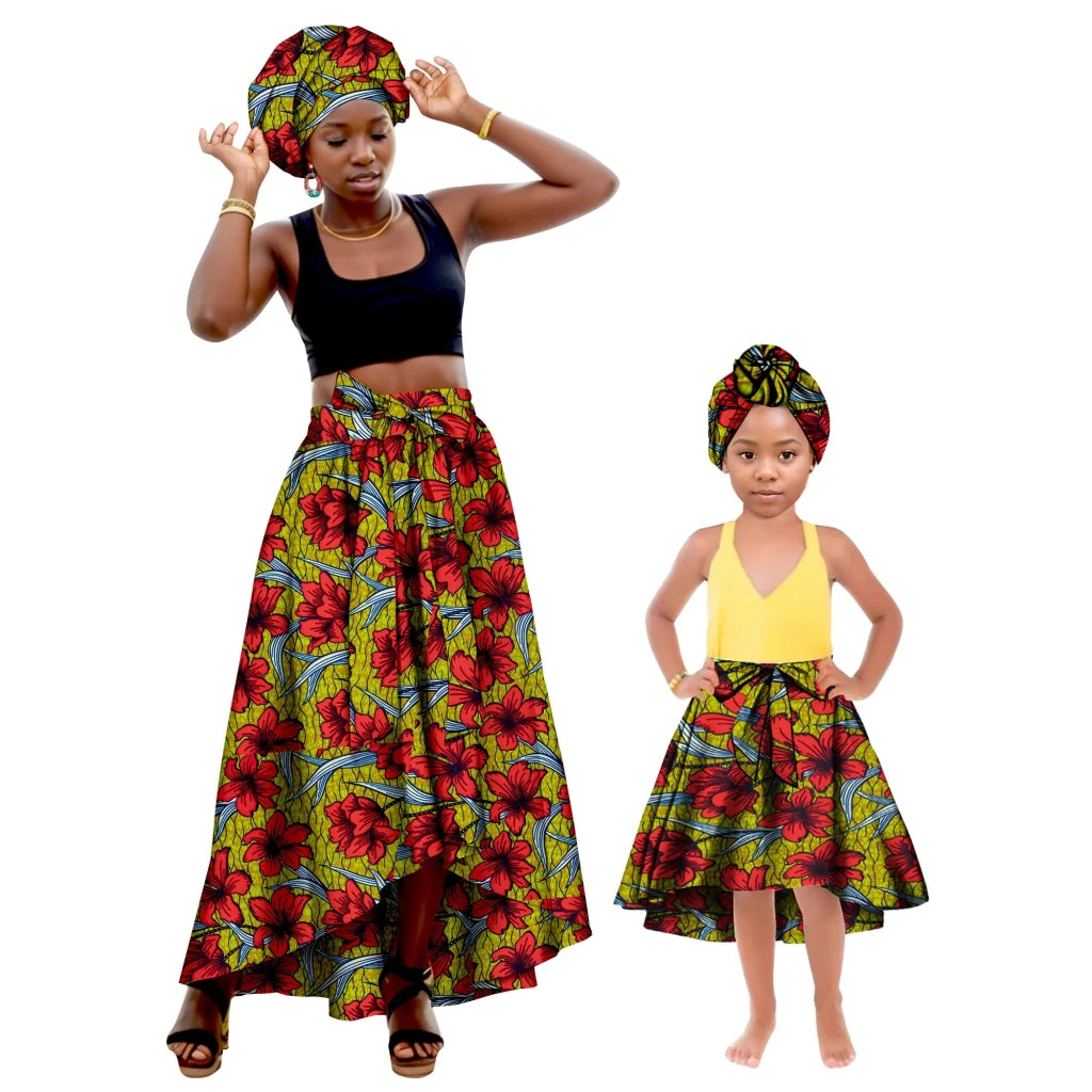 African Family Matching Outfits – Mother & Daughter Ankara Dress and Skirt Set with Headbands - Free Delivery Worldwide only at Flexi Africa