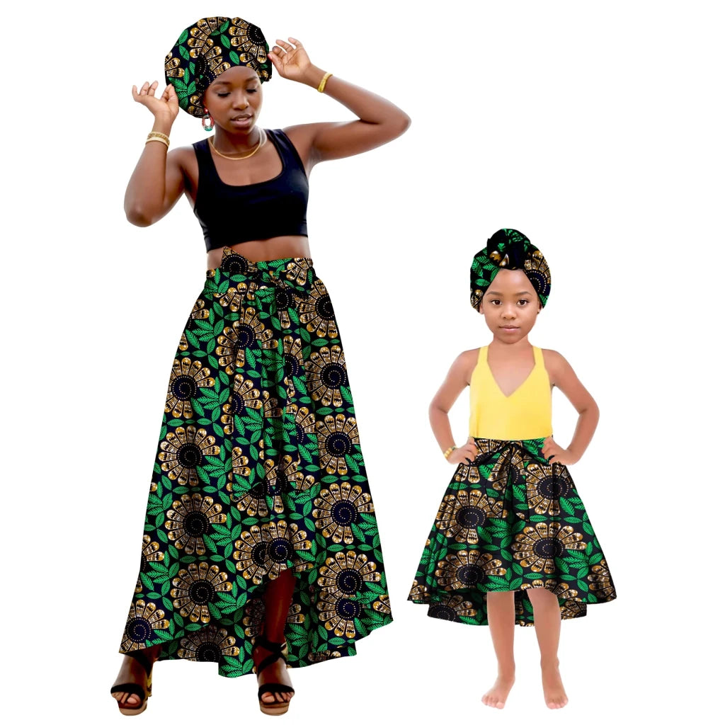 African Family Matching Outfits – Mother & Daughter Ankara Dress and Skirt Set with Headbands - Free Delivery Worldwide only at Flexi Africa