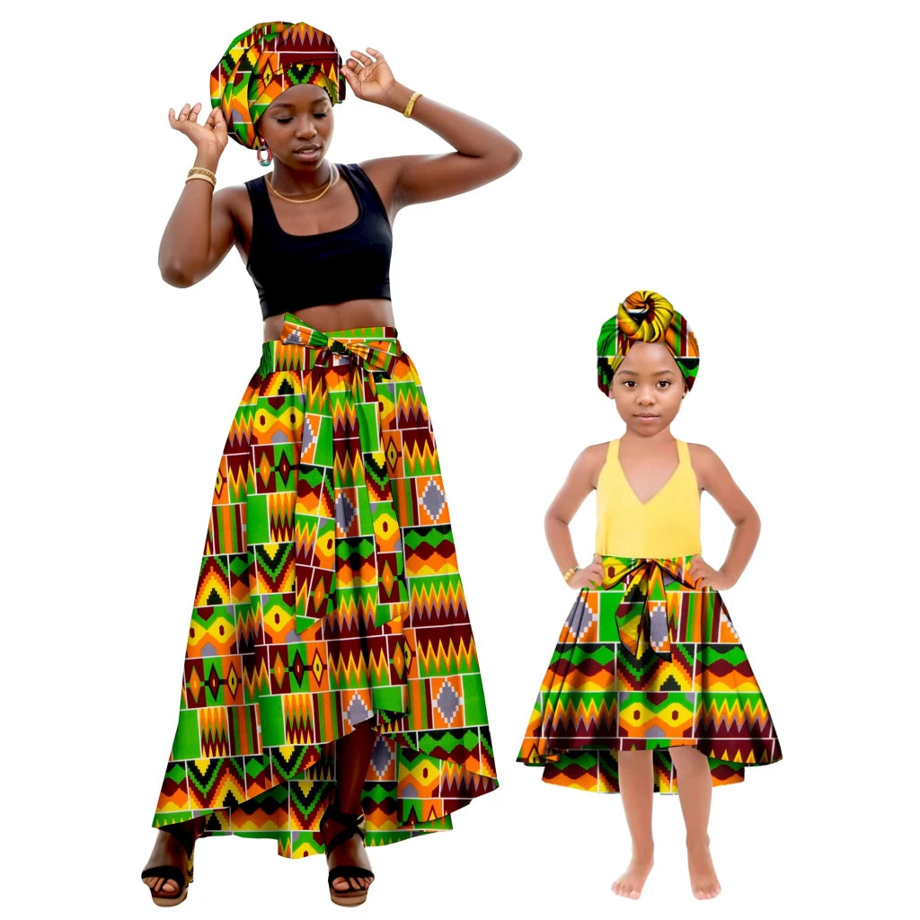 African Family Matching Outfits – Mother & Daughter Ankara Dress and Skirt Set with Headbands - Free Delivery Worldwide only at Flexi Africa