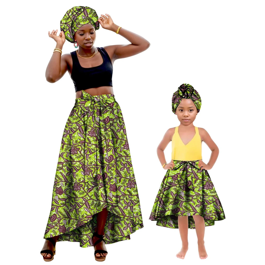 African Family Matching Outfits – Mother & Daughter Ankara Dress and Skirt Set with Headbands - Free Delivery Worldwide only at Flexi Africa