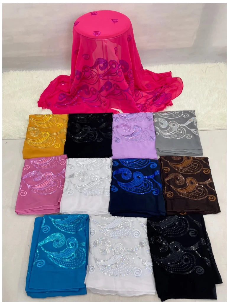 African Fashion Muslim Scarf Turban for Women – Medium Size Sequin Embroidered Chiffon Islamic Hijab Pashmina for Ramadan - Free Delivery Worldwide only at Flexi Africa
