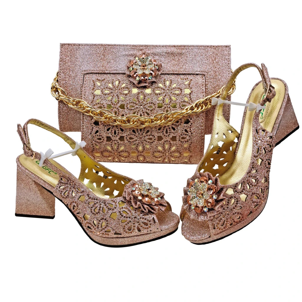 Step into elegance with this stunning Doershow Pink African Fashion Shoes and Matching Handbag Set, designed for women