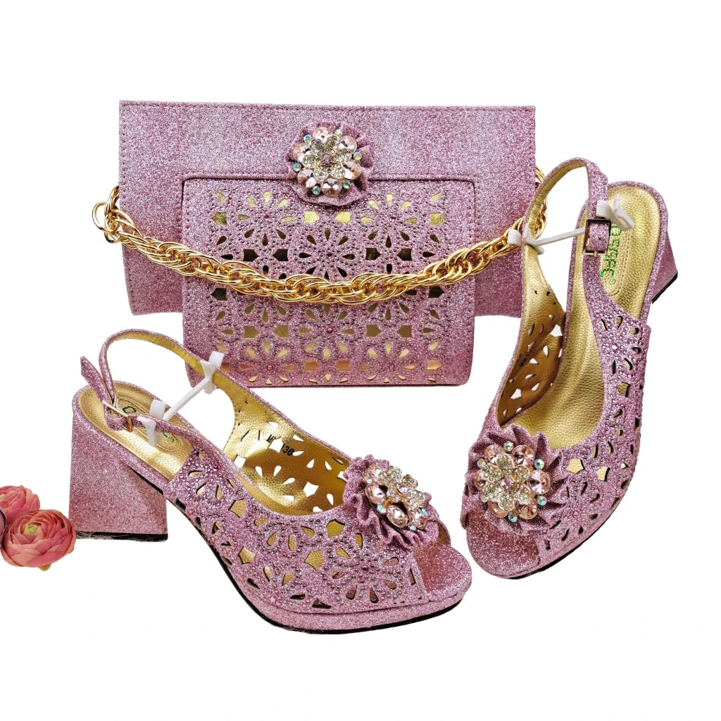 Step into elegance with this stunning Doershow Pink African Fashion Shoes and Matching Handbag Set, designed for women