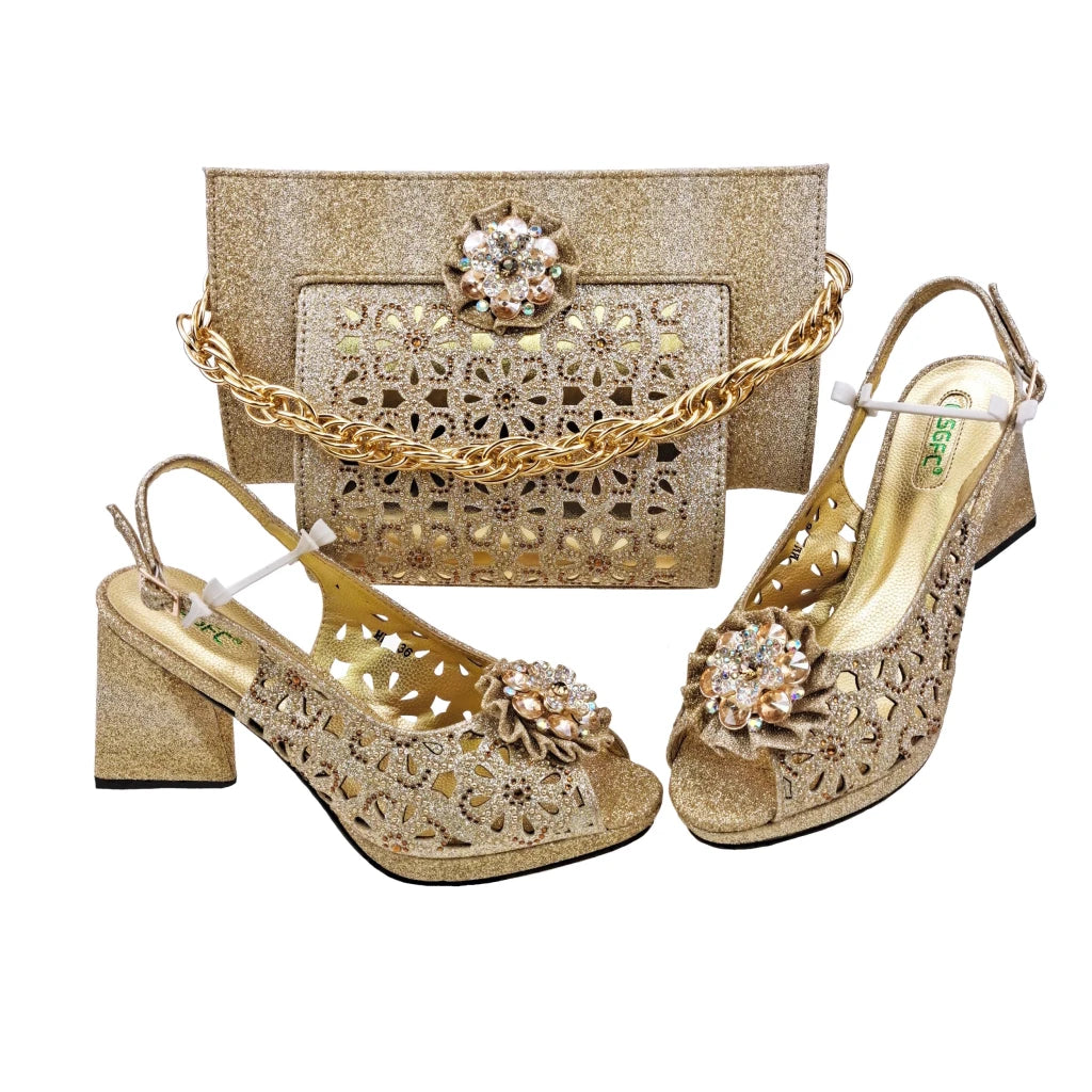 Step into elegance with this stunning Doershow Pink African Fashion Shoes and Matching Handbag Set, designed for women