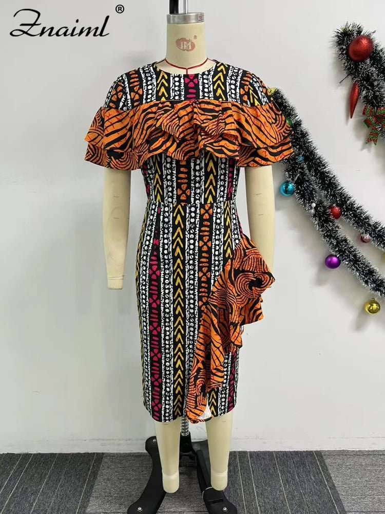 African Festival Print Midi Dress – Elegant Short Sleeve Ruffle Bodycon Summer Outfit - Free Delivery Worldwide only at Flexi Africa