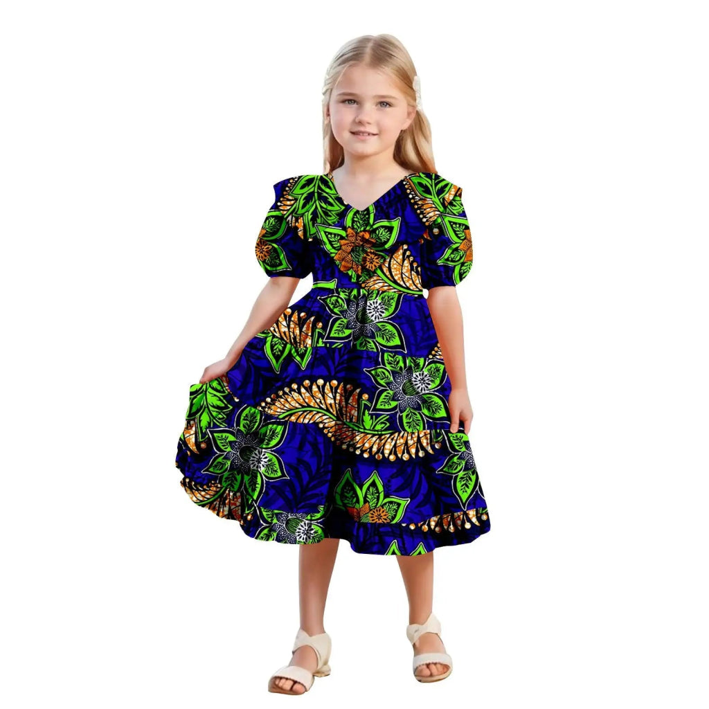 African Girls’ Ankara Print Dress with Double Ruffle Collar – Bazin Riche Children’s Party Dress - Free Delivery Worldwide only at Flexi Africa