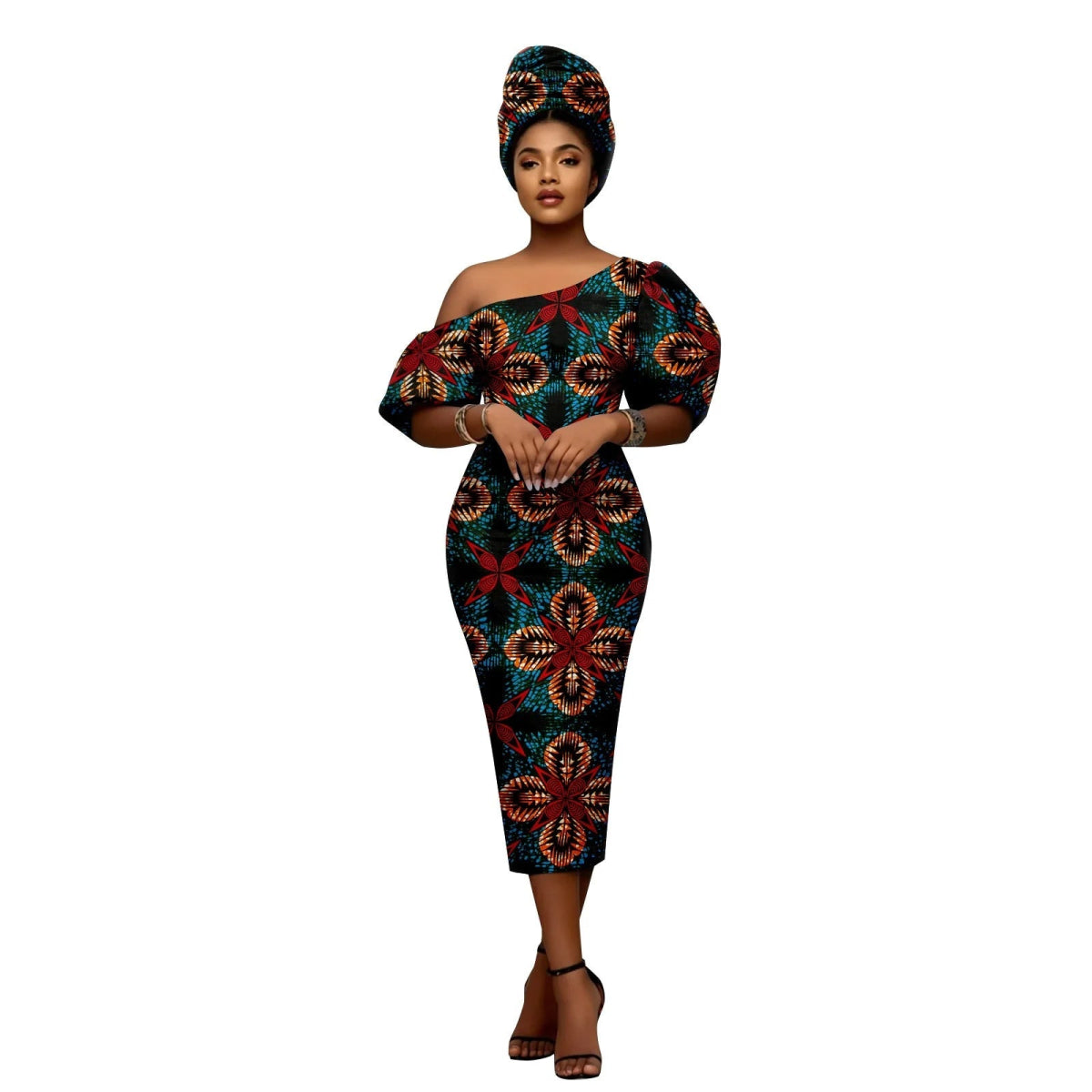 African Heritage Dress Slim Fit Dashiki Gown with Puff Sleeves and Headwrap African Heritage Dress Slim Fit Dashiki Gown with Puff Sleeves and Headwrap