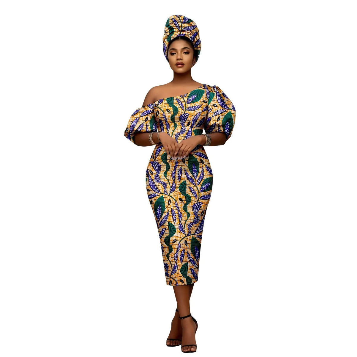 African Heritage Dress – Slim Fit Dashiki Gown with Puff Sleeves and Headwrap - Free Delivery Worldwide only at Flexi Africa