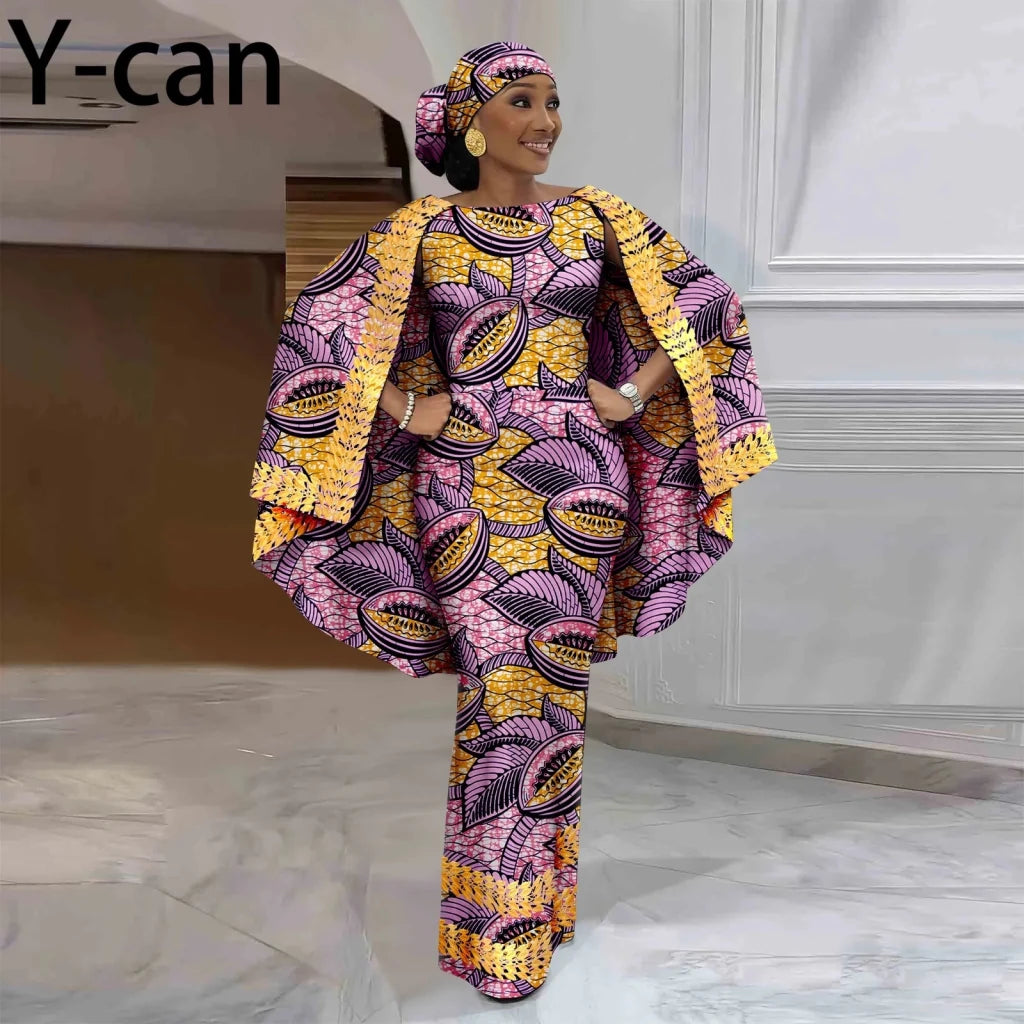 African-Inspired Maxi Dress with Cape & Headscarf - Free Delivery Worldwide only at Flexi Africa