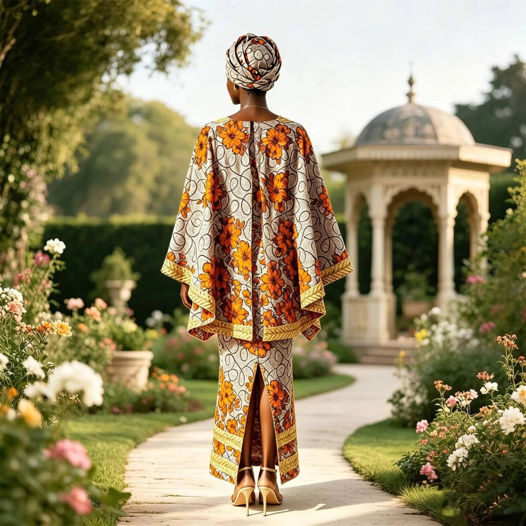 African-Inspired Maxi Dress with Cape & Headscarf - Free Delivery Worldwide only at Flexi Africa