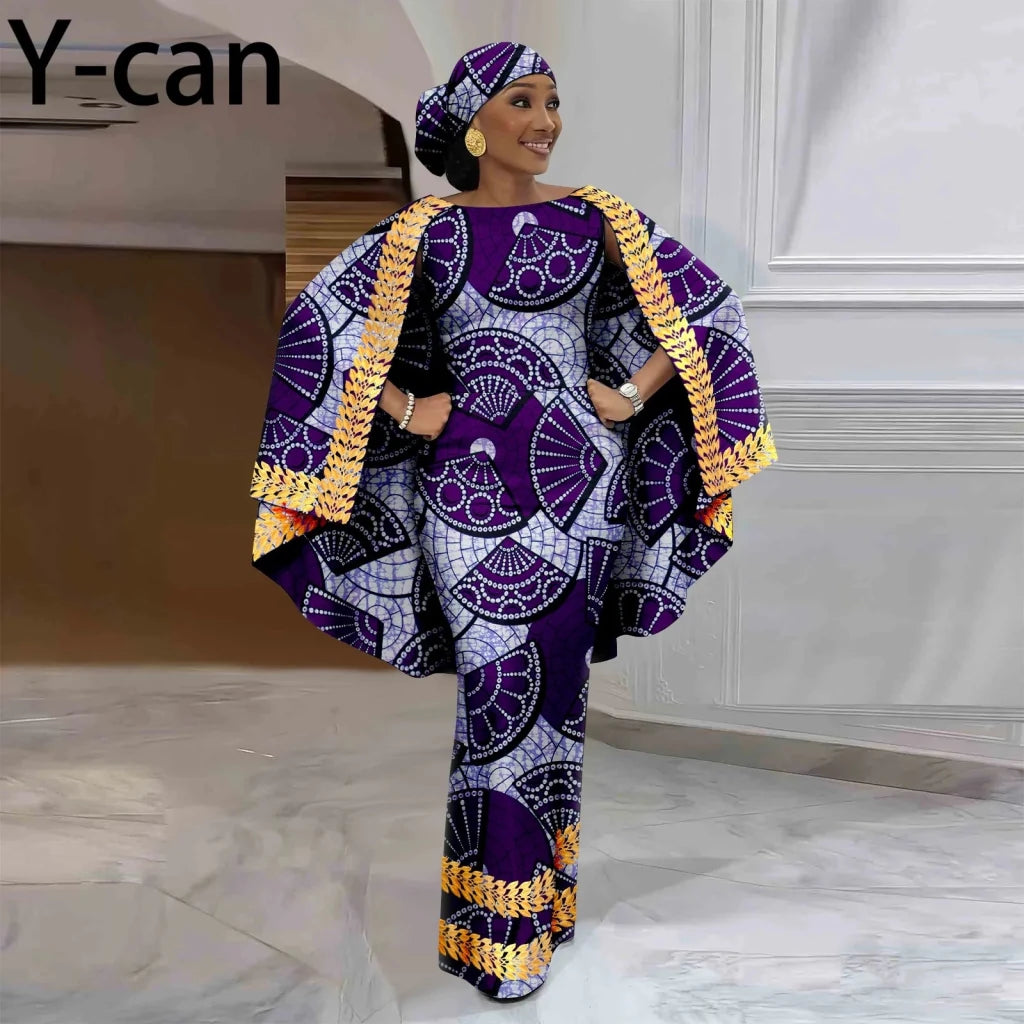 African-Inspired Maxi Dress with Cape & Headscarf - Free Delivery Worldwide only at Flexi Africa