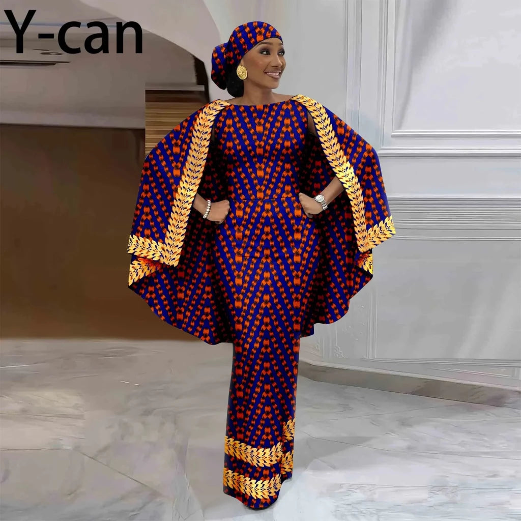 African-Inspired Maxi Dress with Cape & Headscarf - Free Delivery Worldwide only at Flexi Africa