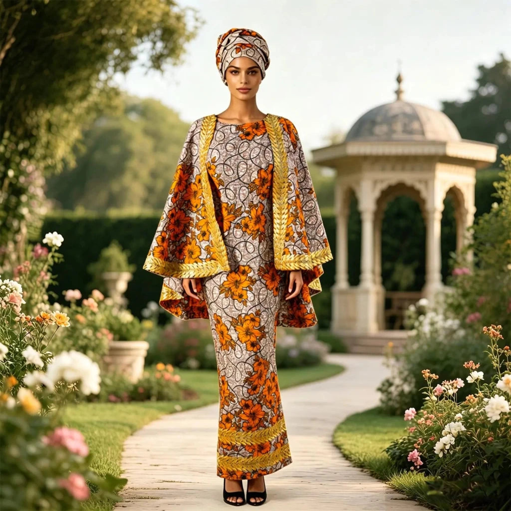 African-Inspired Maxi Dress with Cape & Headscarf - Free Delivery Worldwide only at Flexi Africa