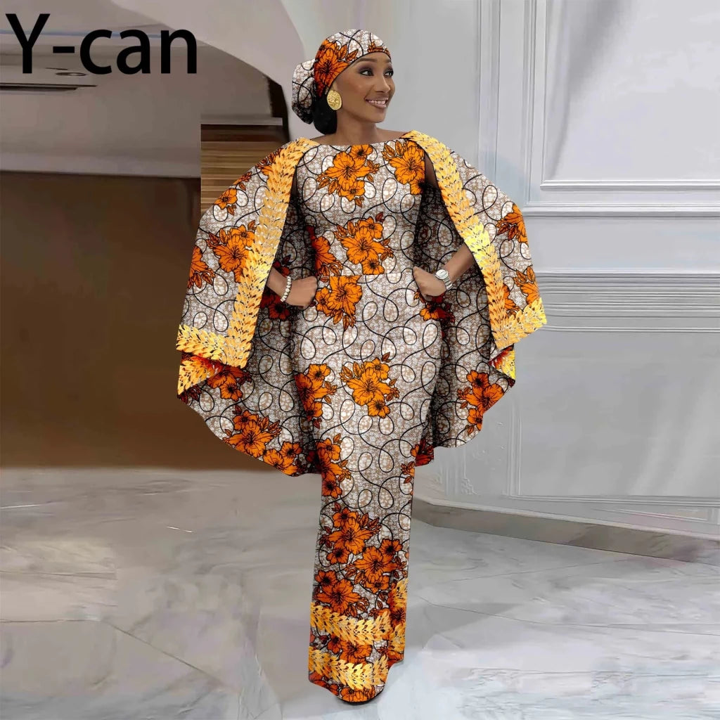 African-Inspired Maxi Dress with Cape & Headscarf - Free Delivery Worldwide only at Flexi Africa